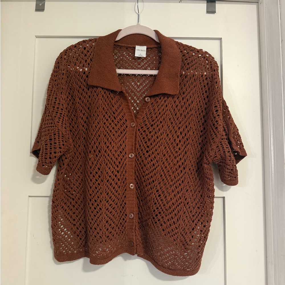 Women's Open-Knit Button-Up Top in Rust - Picture 7 of 8